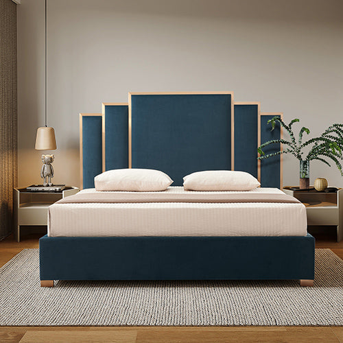 Austin Bed Frame Polyester Turquoise Fabric Padded Upholstery High Quality Slats Polished Stainless Steel Feet Chez Guru