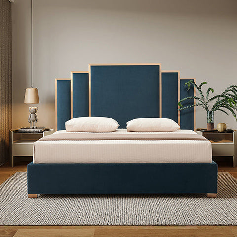 Austin Bed Frame Polyester Turquoise Fabric Padded Upholstery High Quality Slats Polished Stainless Steel Feet Chez Guru