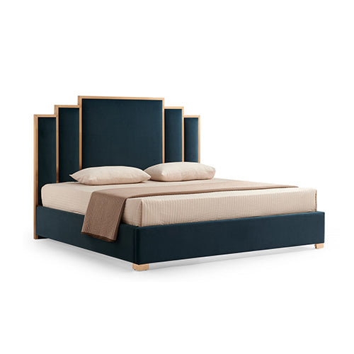 Austin Bed Frame Polyester Turquoise Fabric Padded Upholstery High Quality Slats Polished Stainless Steel Feet Chez Guru