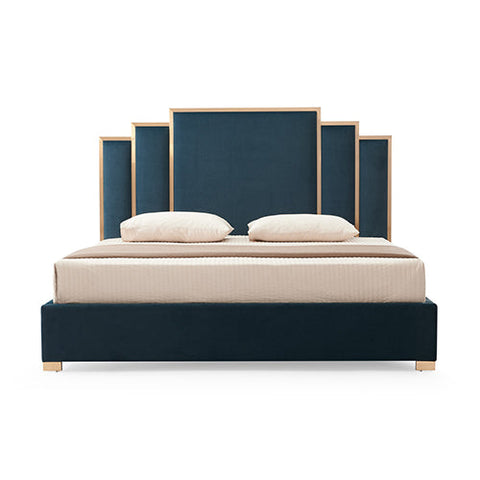 Austin Bed Frame Polyester Turquoise Fabric Padded Upholstery High Quality Slats Polished Stainless Steel Feet Chez Guru
