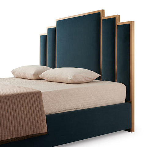 Austin Bed Frame Polyester Turquoise Fabric Padded Upholstery High Quality Slats Polished Stainless Steel Feet Chez Guru