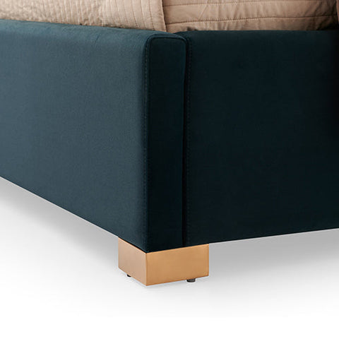 Austin Bed Frame Polyester Turquoise Fabric Padded Upholstery High Quality Slats Polished Stainless Steel Feet Chez Guru