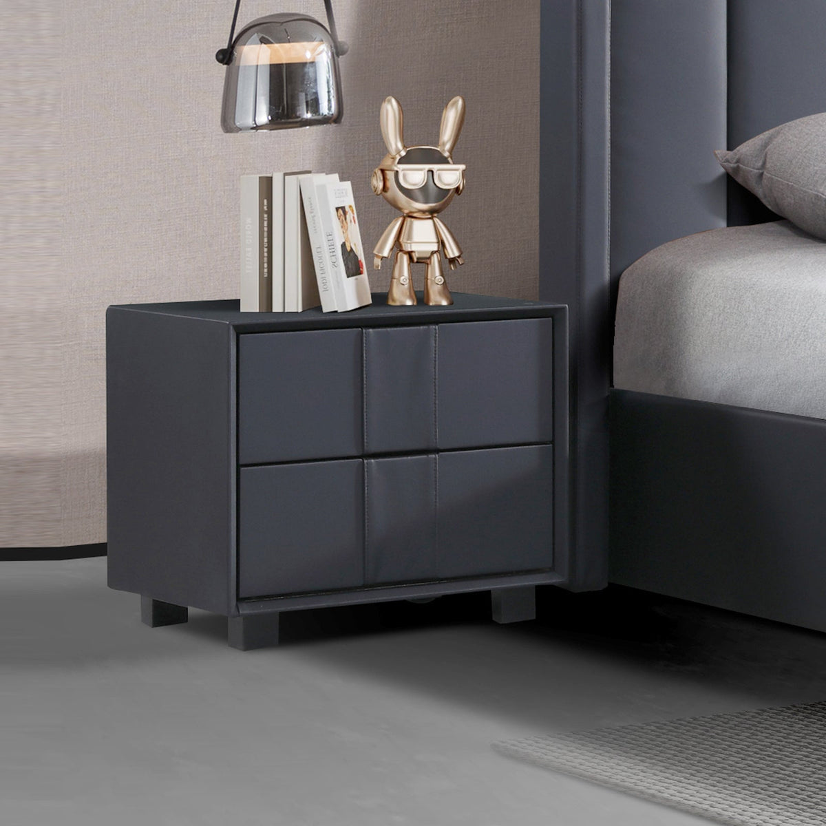 Prado Bedside Table MDF Construction Fabric Upholstery Iron Feet Chez Guru