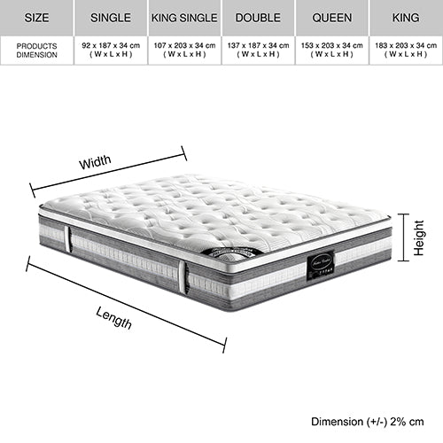 Mattress Euro Top Single Size Pocket Spring Coil with Knitted Fabric Medium Firm 34cm Thick Chez Guru