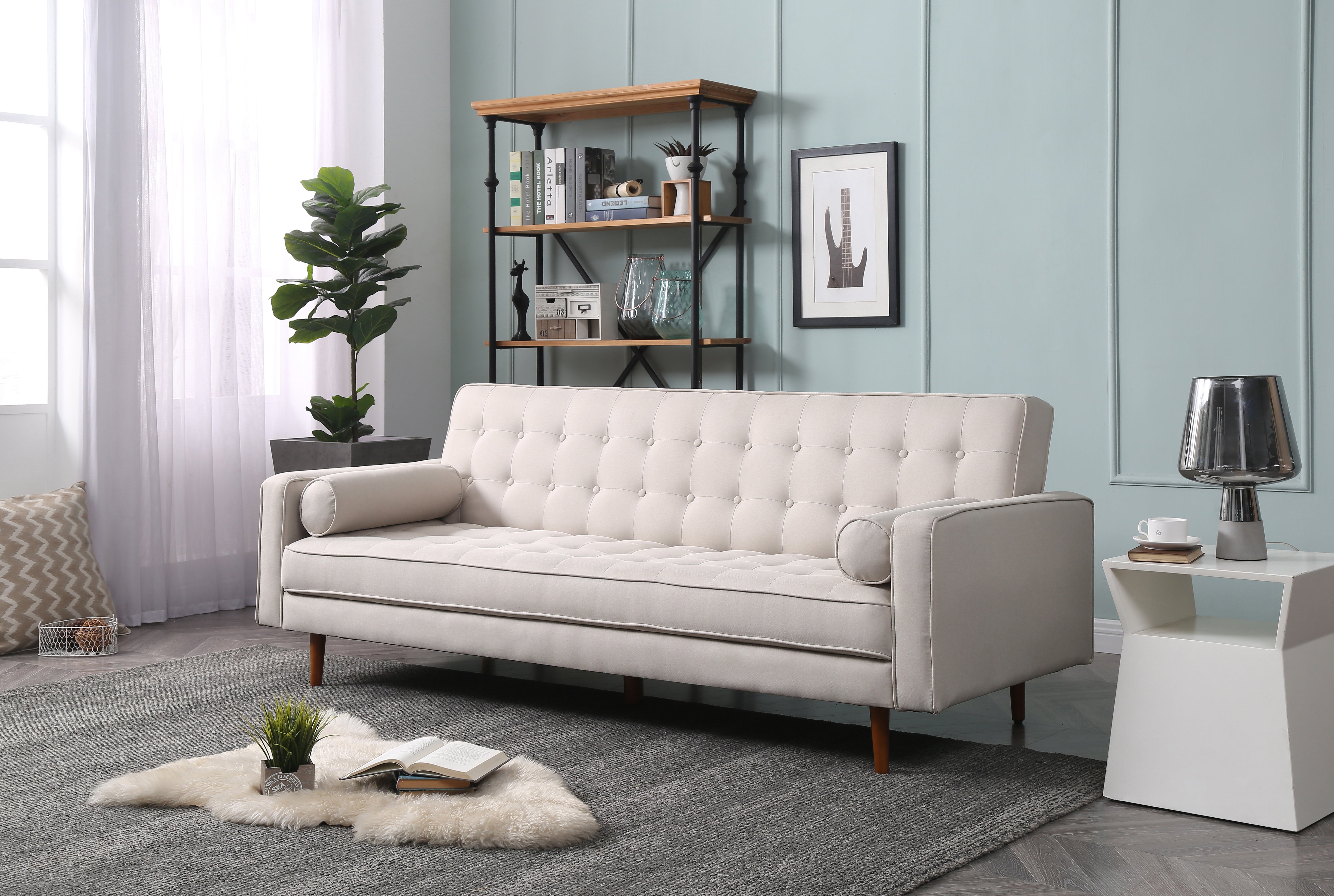 Sofa Bed 3 Seater Button Tufted Lounge Set for Living Room Couch in Fabric Beige Colour Chez Guru