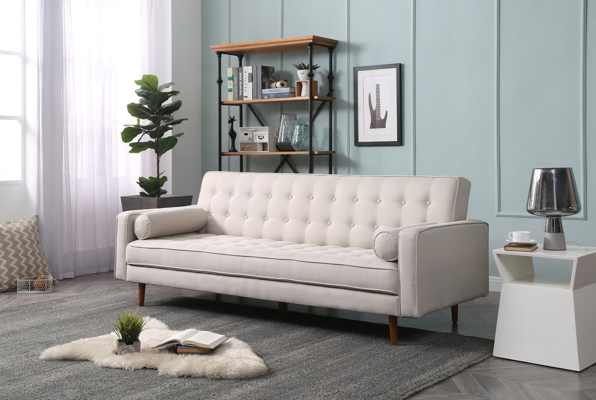 Sofa Bed 3 Seater Button Tufted Lounge Set for Living Room Couch in Fabric Beige Colour Chez Guru