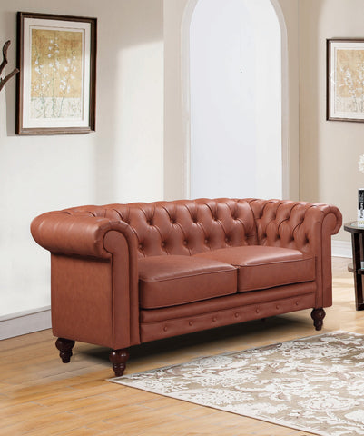 2 Seater Brown Sofa Lounge Button Tufted in Faux Leather Chez Guru