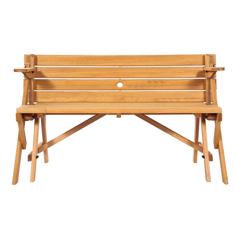 VEVOR 2-in-1 Transforming Interchangeable Picnic Table, Outdoor Wooden Table and Bench Set, Portable Foldable Bench with Umbrella Hole, Patio Dining Furniture for Garden, Backyard, Porch (Brown)