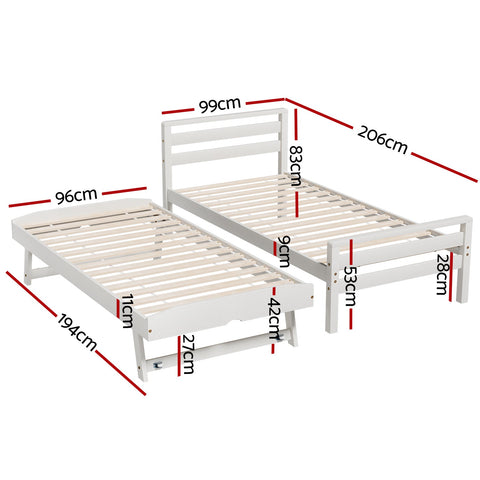 Artiss Bed Frame Single Size 2-in-1 Trundle Wooden White AVIS Chez Guru