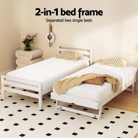 Artiss Bed Frame Single Size 2-in-1 Trundle Wooden White AVIS Chez Guru