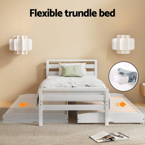 Artiss Bed Frame Single Size 2-in-1 Trundle Wooden White AVIS Chez Guru
