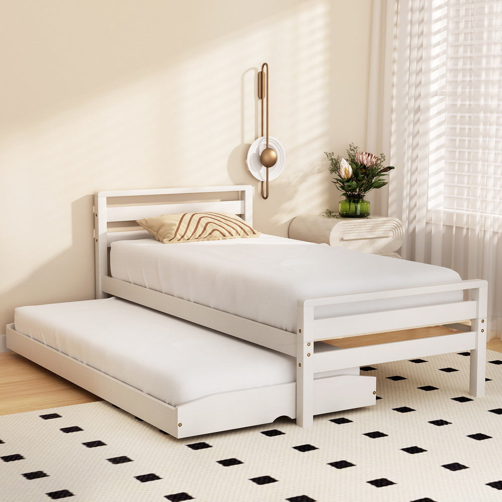 Artiss Bed Frame Single Size 2-in-1 Trundle Wooden White AVIS Chez Guru
