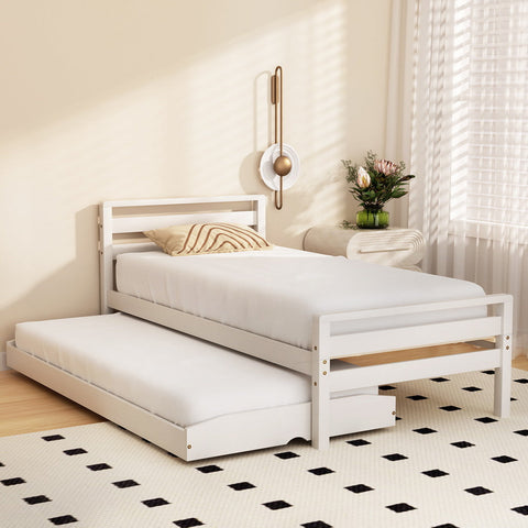 Artiss Bed Frame Single Size 2-in-1 Trundle Wooden White AVIS Chez Guru