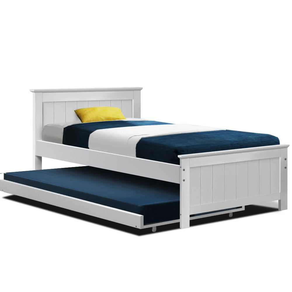 Artiss Bed Frame King Single Size Wooden Trundle Daybed White ELVIS Chez Guru