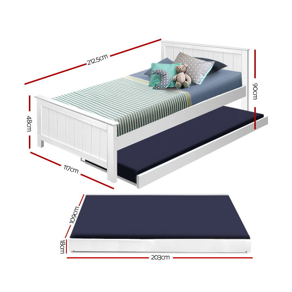 Artiss Bed Frame King Single Size Wooden Trundle Daybed White ELVIS Chez Guru