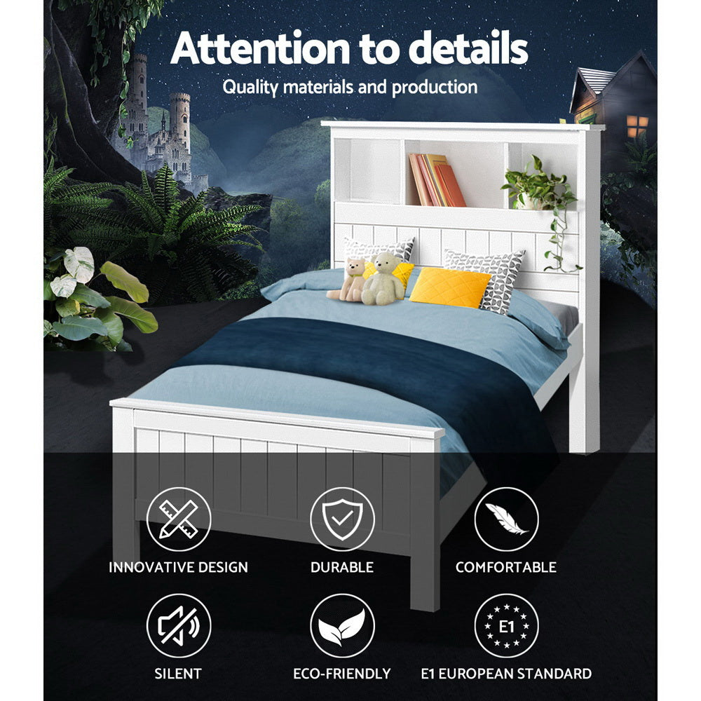 Artiss Bed Frame King Single Size Wooden with 3 Shelves Bed Head White Chez Guru