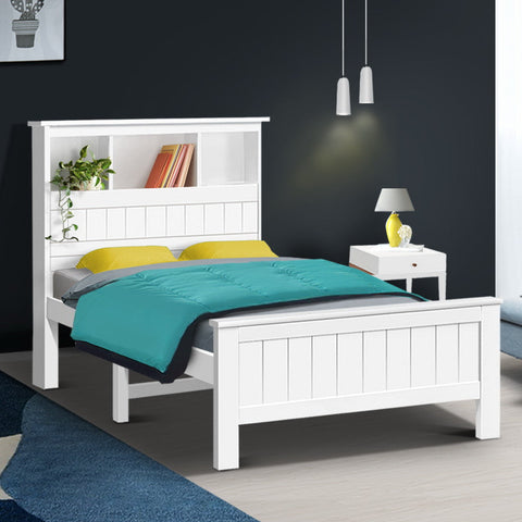 Artiss Bed Frame King Single Size Wooden with 3 Shelves Bed Head White Chez Guru
