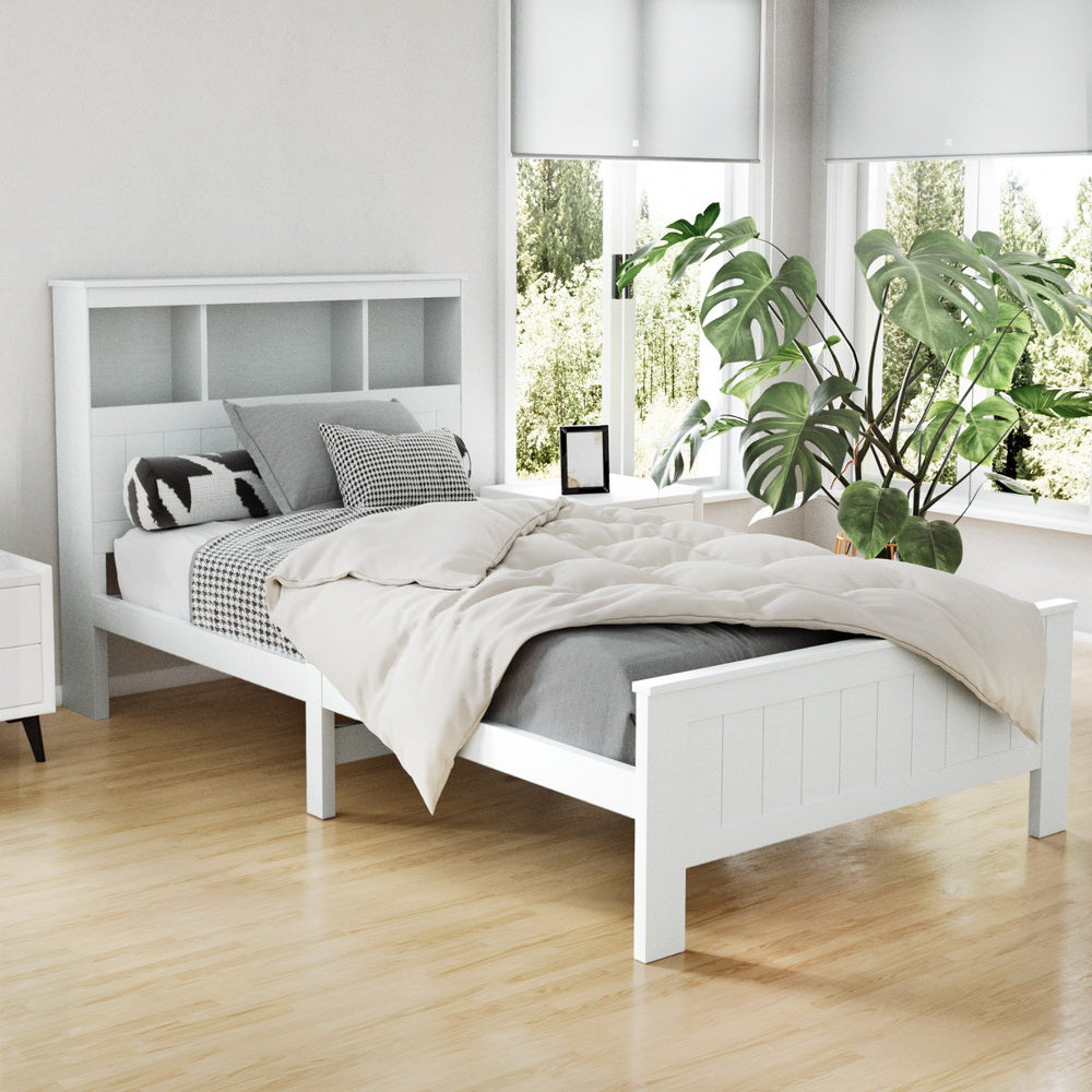 Artiss Bed Frame King Single Size Wooden with 3 Shelves Bed Head White Chez Guru