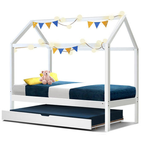 Artiss Bed Frame Wooden Trundle Daybed Kids House Frame White HOLY Chez Guru
