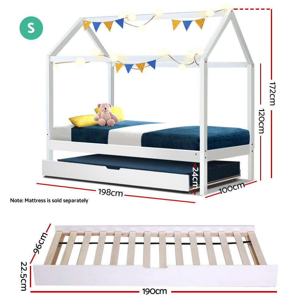 Artiss Bed Frame Wooden Trundle Daybed Kids House Frame White HOLY Chez Guru