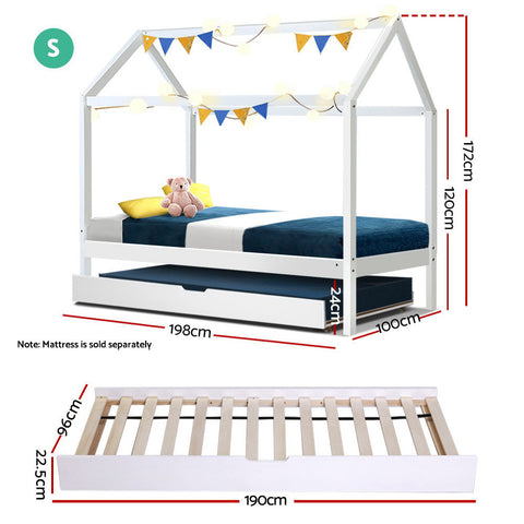 Artiss Bed Frame Wooden Trundle Daybed Kids House Frame White HOLY Chez Guru