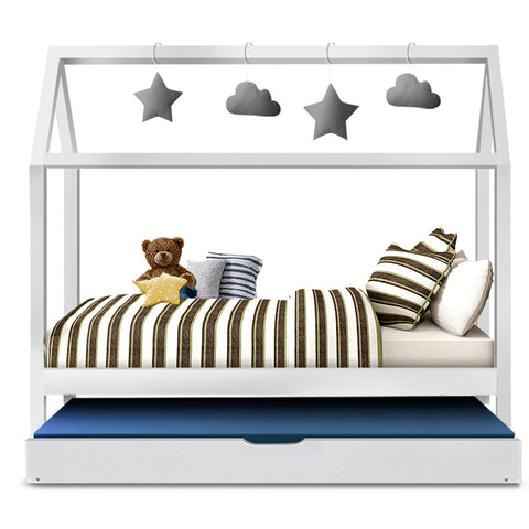 Artiss Bed Frame Wooden Trundle Daybed Kids House Frame White HOLY Chez Guru