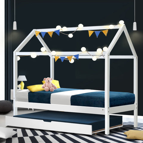 Artiss Bed Frame Wooden Trundle Daybed Kids House Frame White HOLY Chez Guru