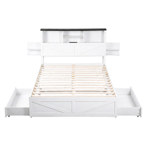 Artiss Queen Bed Frame with Storage Drawers White Platform Bedframe with Bookcase Headboard Charging Station Led Light