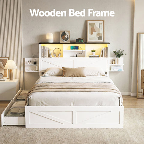 Artiss Queen Bed Frame with Storage Drawers White Platform Bedframe with Bookcase Headboard Charging Station Led Light