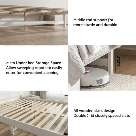 Artiss Double Wooden Bed Frame with 2 Drawer Platform Bed with 108cm Solid High Headboard White Bed Base for Bedroom Easy Assembly