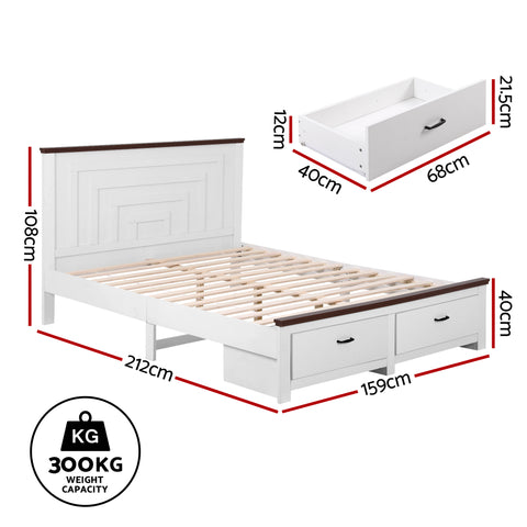 Artiss Queen Wooden Bed Frame with 2 Drawer Platform Bed with 108cm Solid High Headboard White Bed Base for Bedroom Easy Assembly