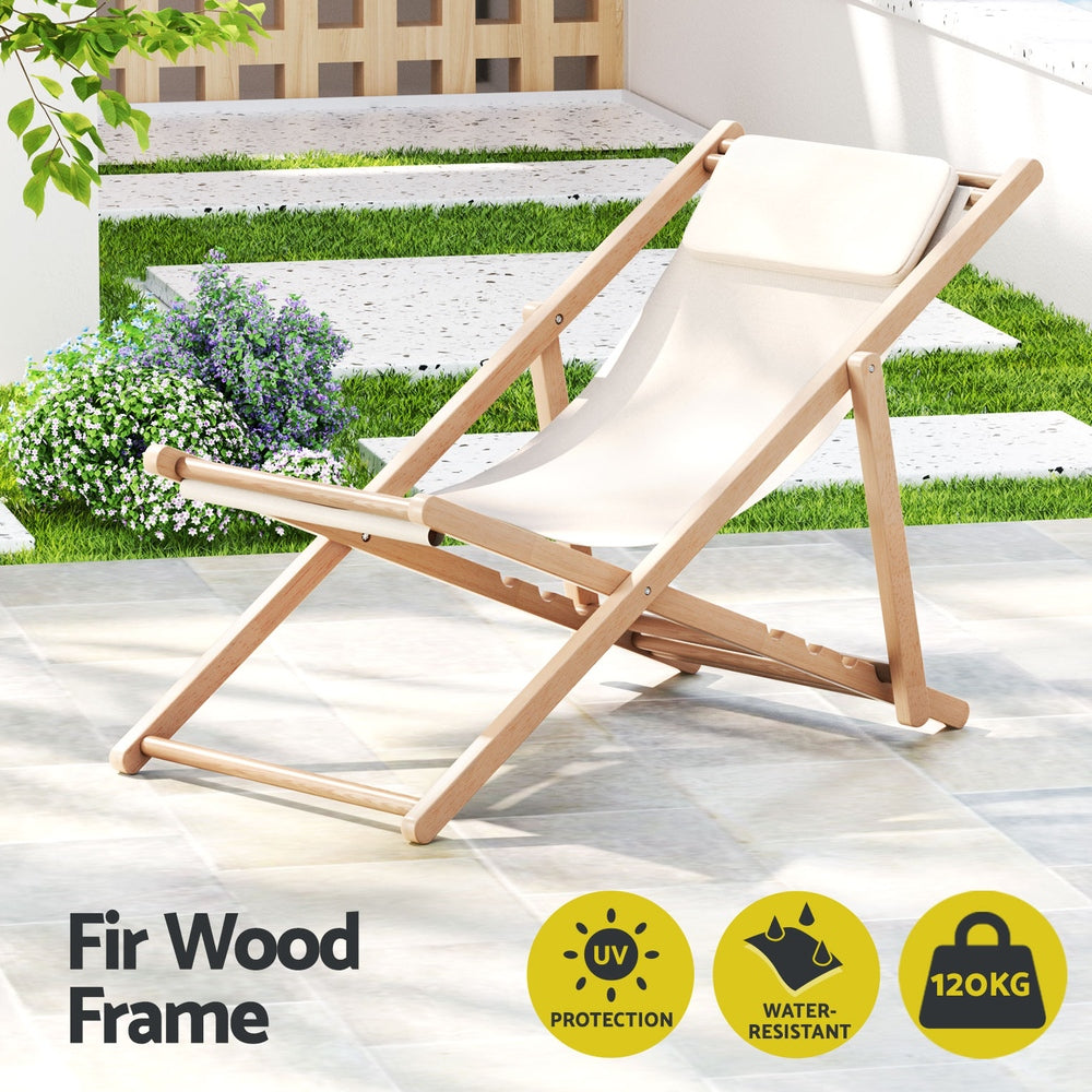 Gardeon Outdoor Deck Chair Wooden Sun Lounge Folding Beach Patio Furniture Beige Chez Guru