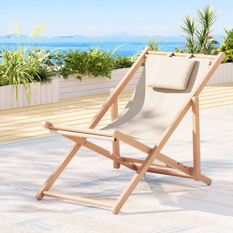 Gardeon Outdoor Deck Chair Wooden Sun Lounge Folding Beach Patio Furniture Beige Chez Guru