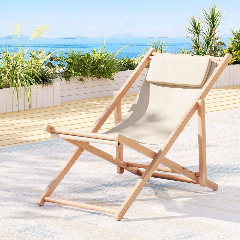 Gardeon Outdoor Deck Chair Wooden Sun Lounge Folding Beach Patio Furniture Beige Chez Guru