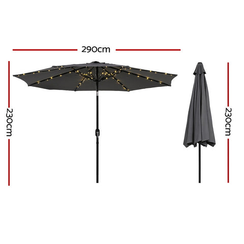 Instahut Outdoor Umbrella 2.9m Market Umbrella with String Light Tilt Charcoal Shade