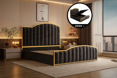 Modern bed with a dark grey upholstered bed and decorative elements.