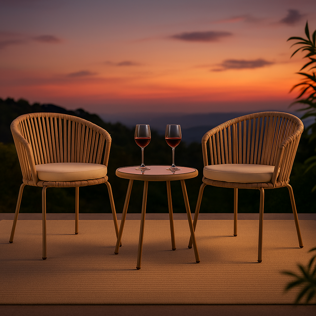 Gardeon 3-piece outdoor bistro set with rope chairs and glass table at sunset, styled with two wine glasses for a cozy evening patio setting