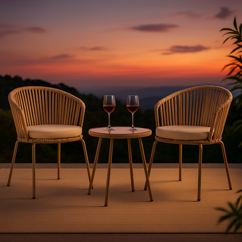 Gardeon 3-piece outdoor bistro set with rope chairs and glass table at sunset, styled with two wine glasses for a cozy evening patio setting